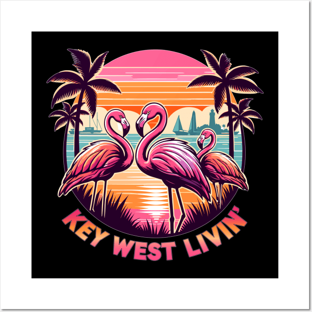 Key West Livin' - Tropical Flamingo Sunset Scene In Key West Wall Art by eighttwentythreetees